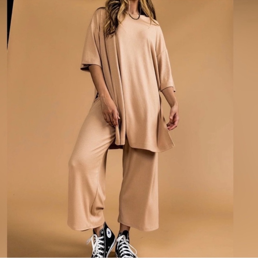 Dressed in Lala Lex ribbed beige set pants and top